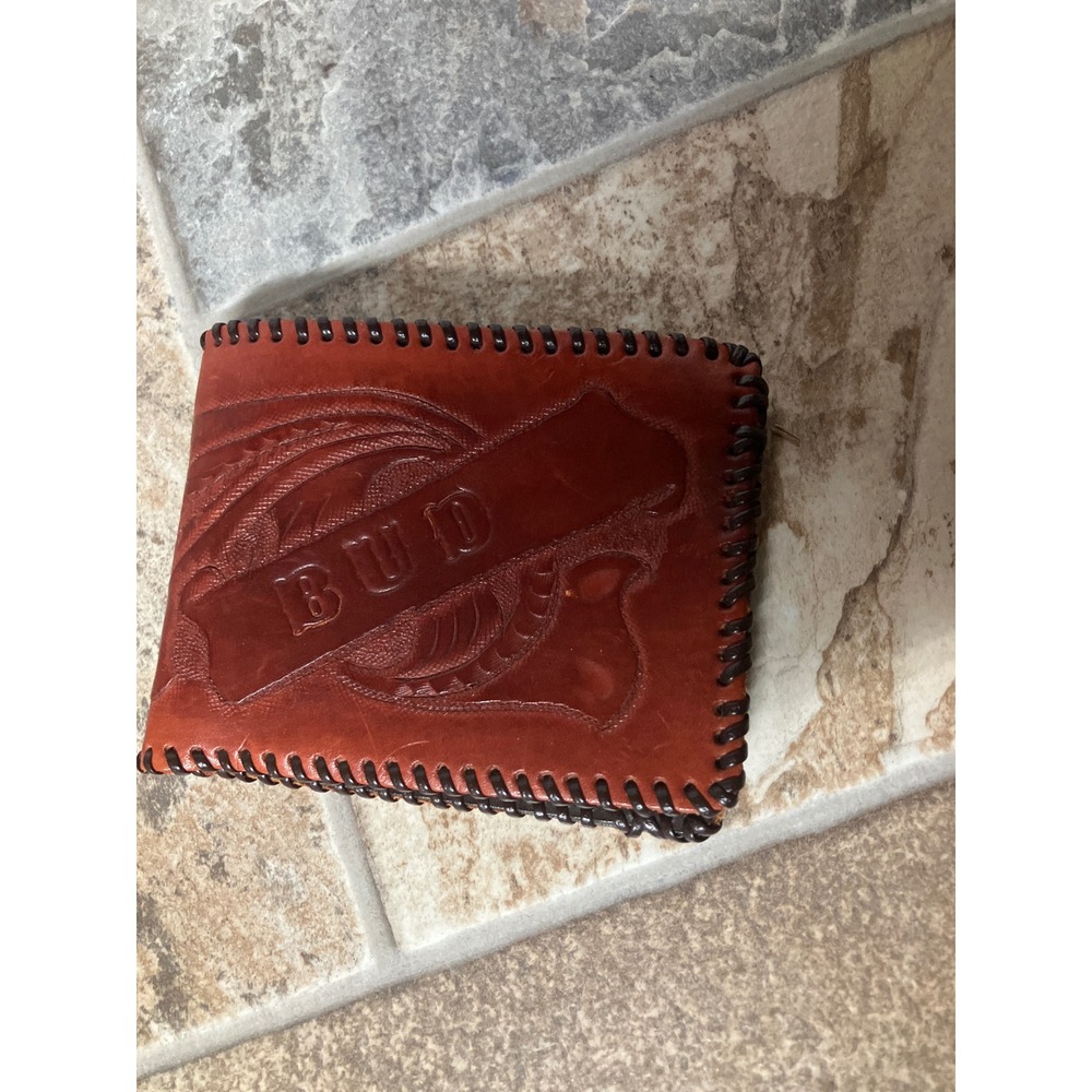 Vintage‎ Tooled Leather Bifold Wallet Budweiser Embossed Brown Mens